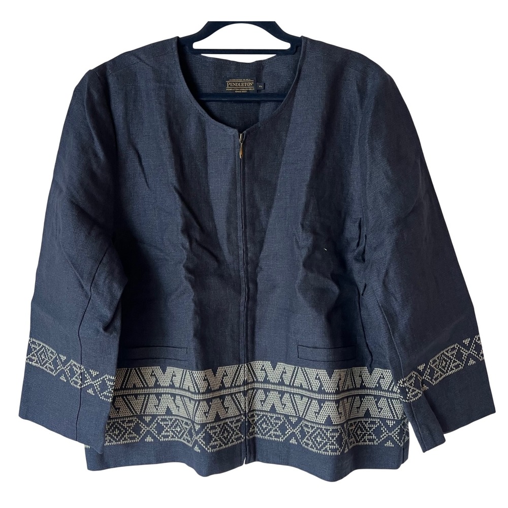 Pendleton Linen Zip Up Jacket Blue Embroidered Tr… - image 1